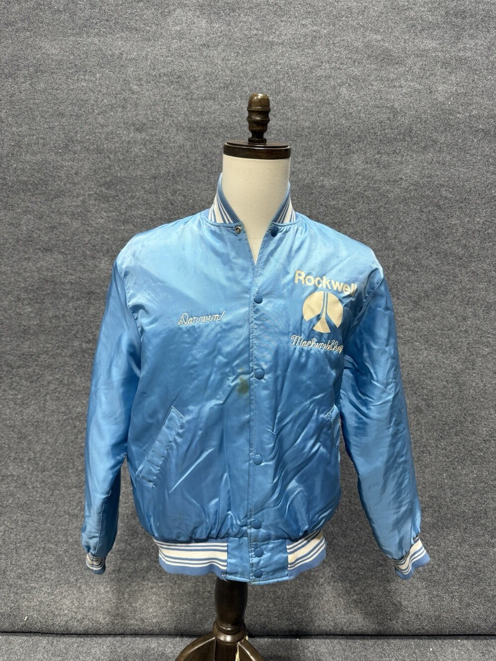 Vintage Rockwell Machine Shop Satin Jacket Blue Snap Front USA Mens Big Run PA